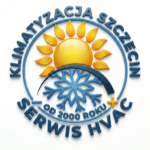 Logo przedstawiające słońce i płatek śniegu wraz z napisem w języku polskim: „Klimatyzacja Szczecin Serwis HVAC Od 2000 roku”. Projekt sugeruje, że firma świadczy usługi z zakresu systemów HVAC i klimatyzacji.